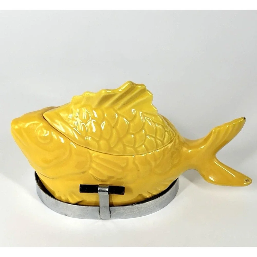 Vintage Pottery Chicken of the Sea Tuna Baker Yellow Fish - Original Stand Incl